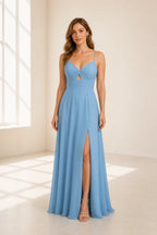 Chic A-Line Sweetheart Spaghetti-Strap Cross-Back Long Bridesmaid Dress