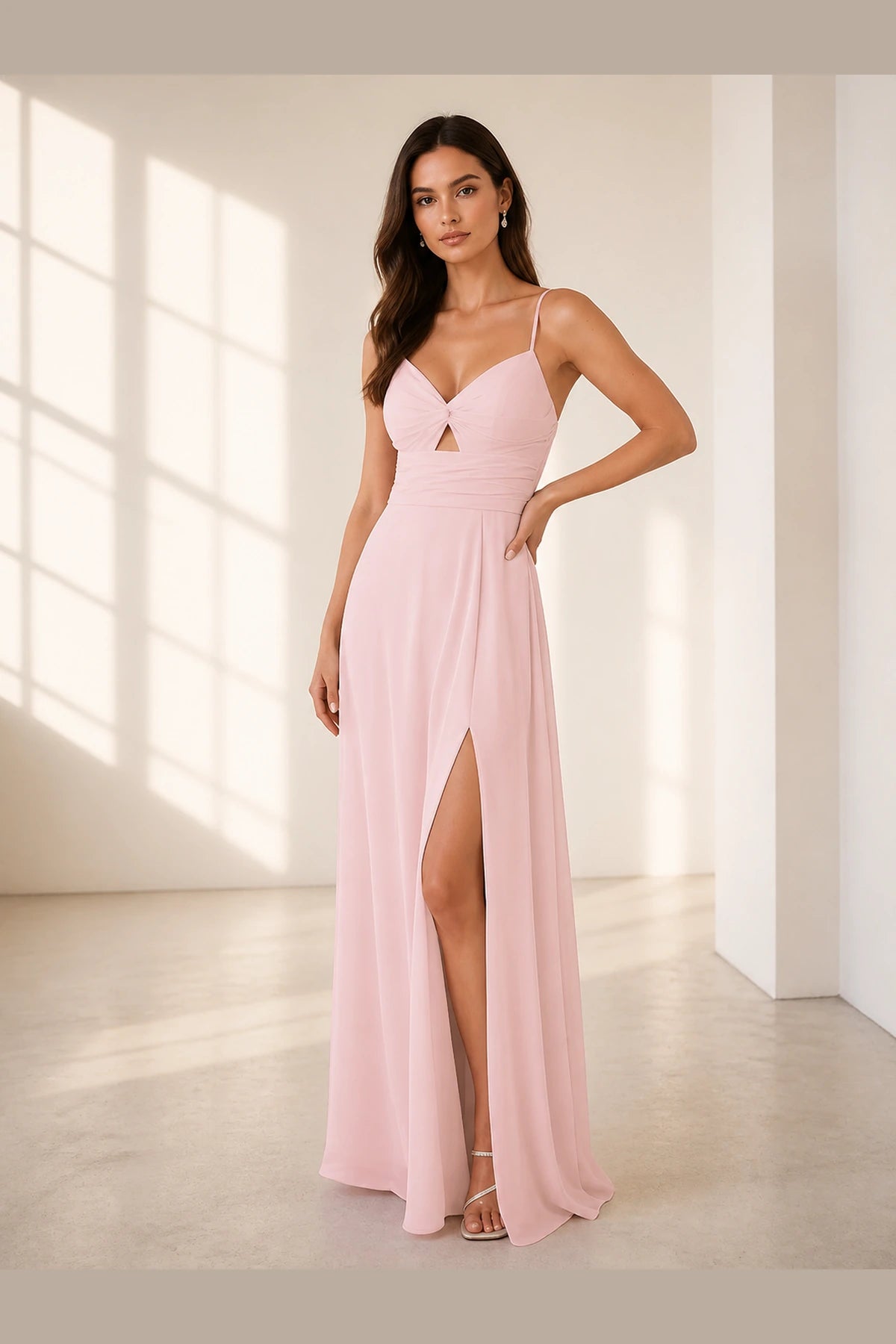 Chic A-Line Sweetheart Spaghetti-Strap Cross-Back Long Bridesmaid Dress
