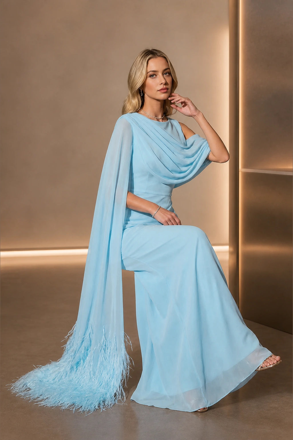 Graceful Sheath Bateau Neck Draped Cape Back Floor-Length Bridesmaid Dress