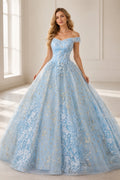 GraceProm light blue embroidered off-shoulder ball gown floor-length prom dress
