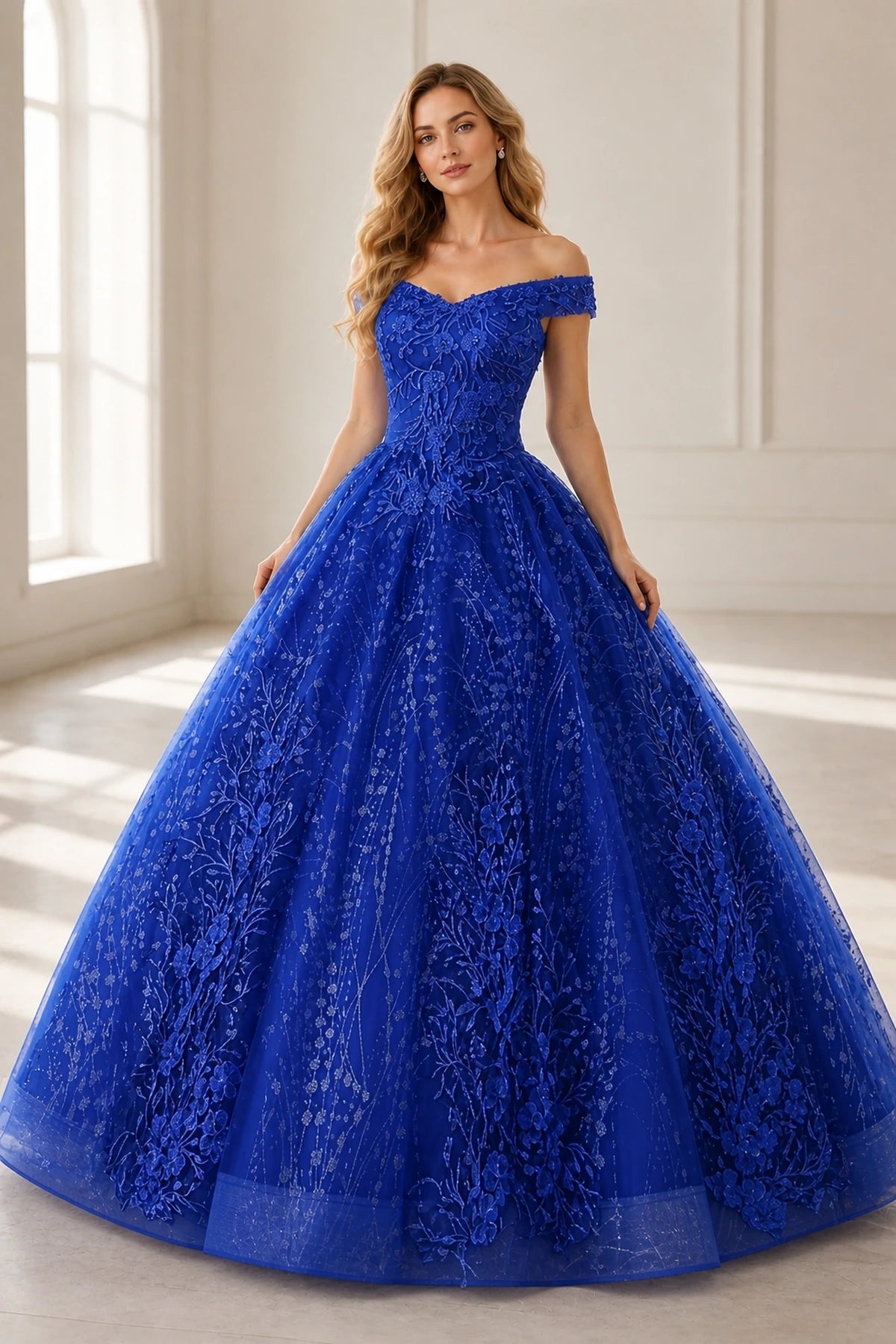 Dreamy Ball Gown Off-Shoulder Short-Sleeve Zipper-Back Floor-Length Prom Dress