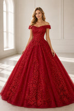 Dreamy Ball Gown Off-Shoulder Short-Sleeve Zipper-Back Floor-Length Prom Dress