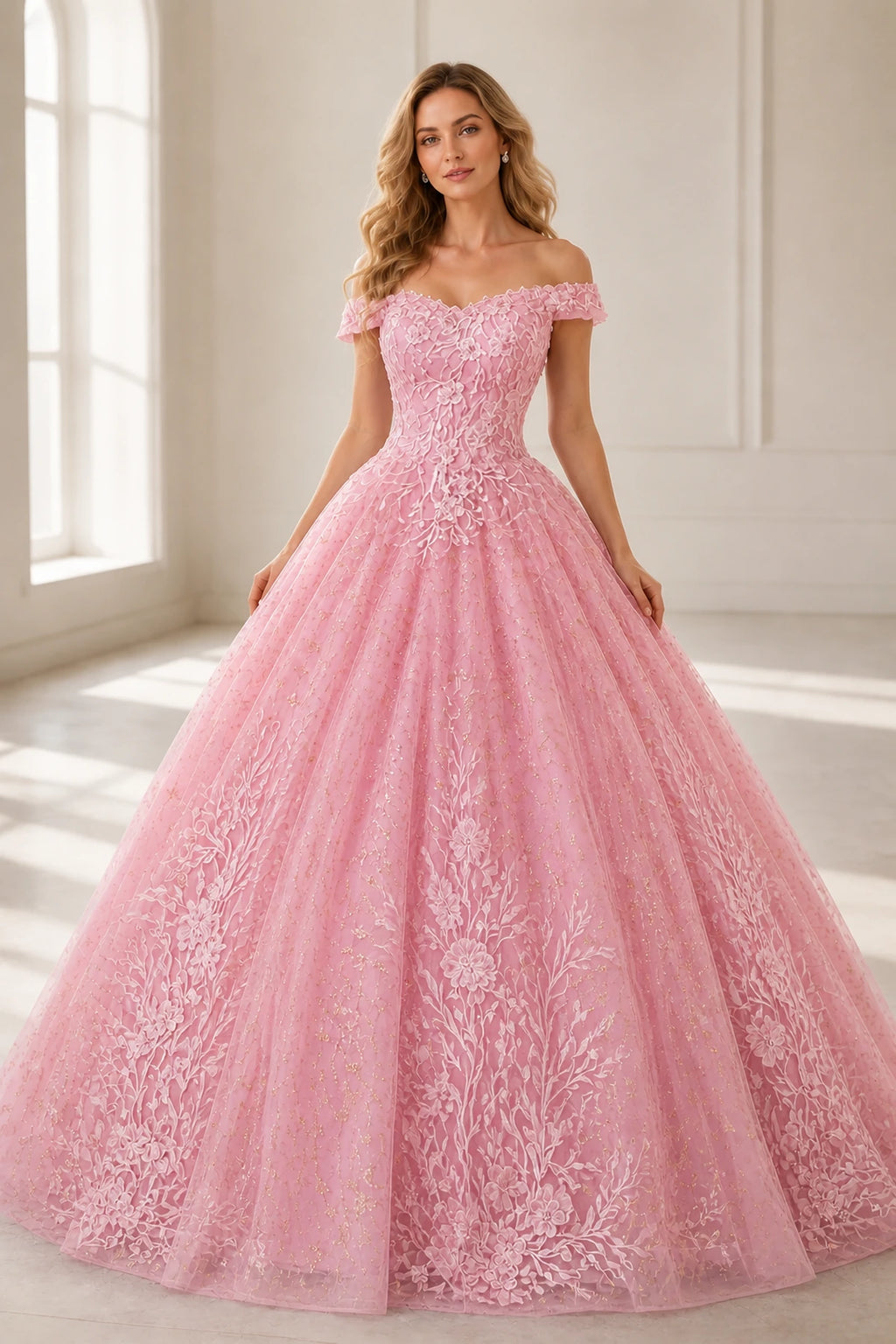 Dreamy Ball Gown Off-Shoulder Short-Sleeve Zipper-Back Floor-Length Prom Dress