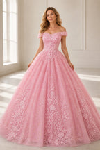 Dreamy Ball Gown Off-Shoulder Short-Sleeve Zipper-Back Floor-Length Prom Dress