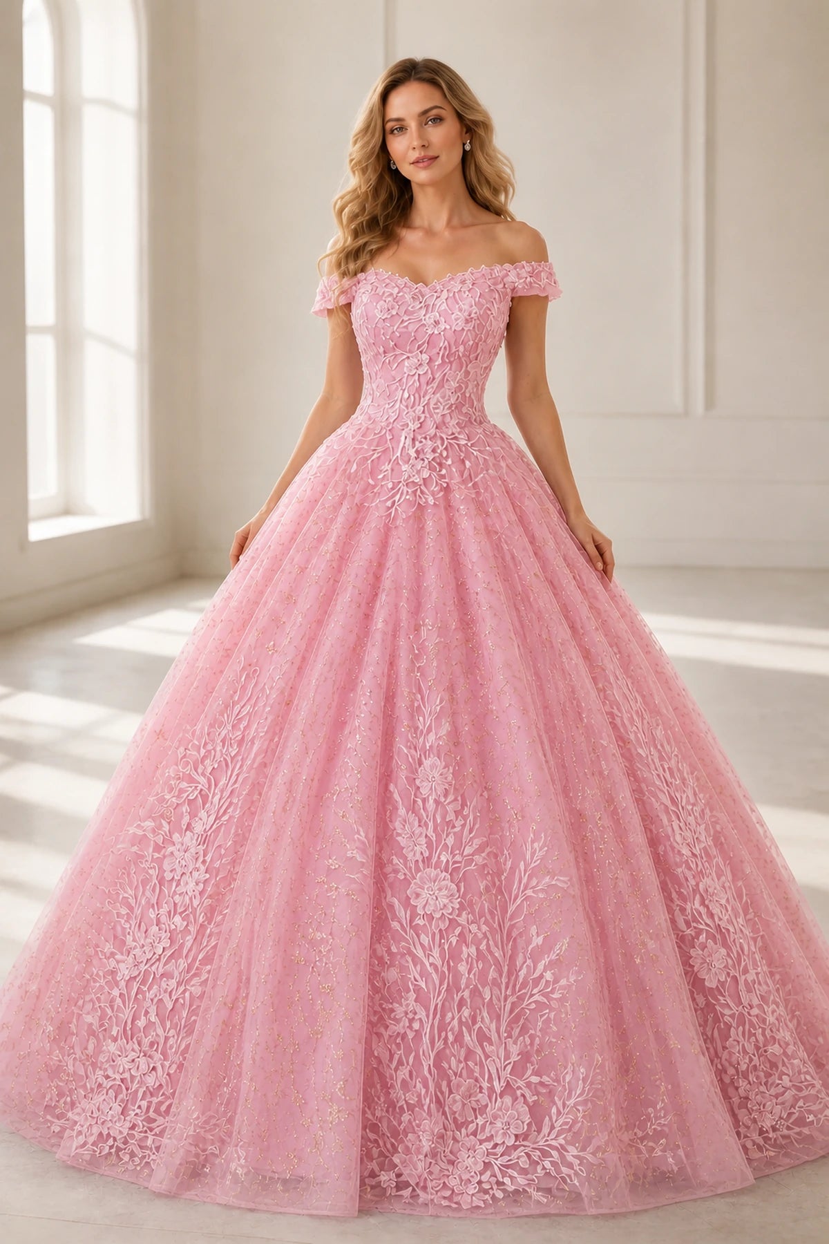 Dreamy Ball Gown Off-Shoulder Short-Sleeve Zipper-Back Floor-Length Prom Dress
