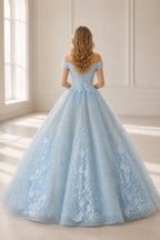 Back view of GraceProm light blue floral embroidered off-shoulder ball gown prom dress