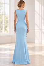 Light blue floor length Mother of the Bride Dress with high back and center zipper