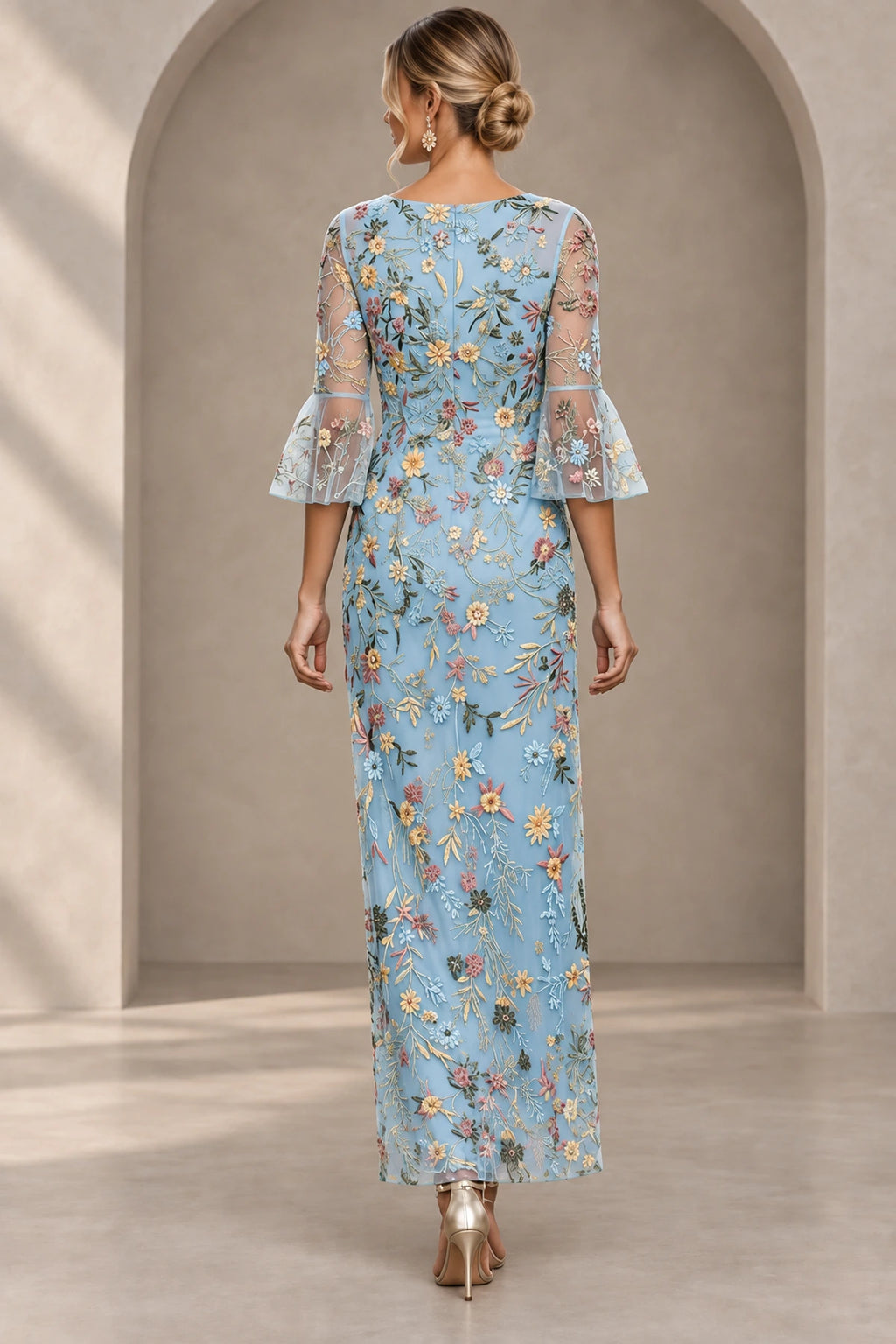 Back view of light blue embroidered Mother of the Bride Dress with sheer floral bell sleeves