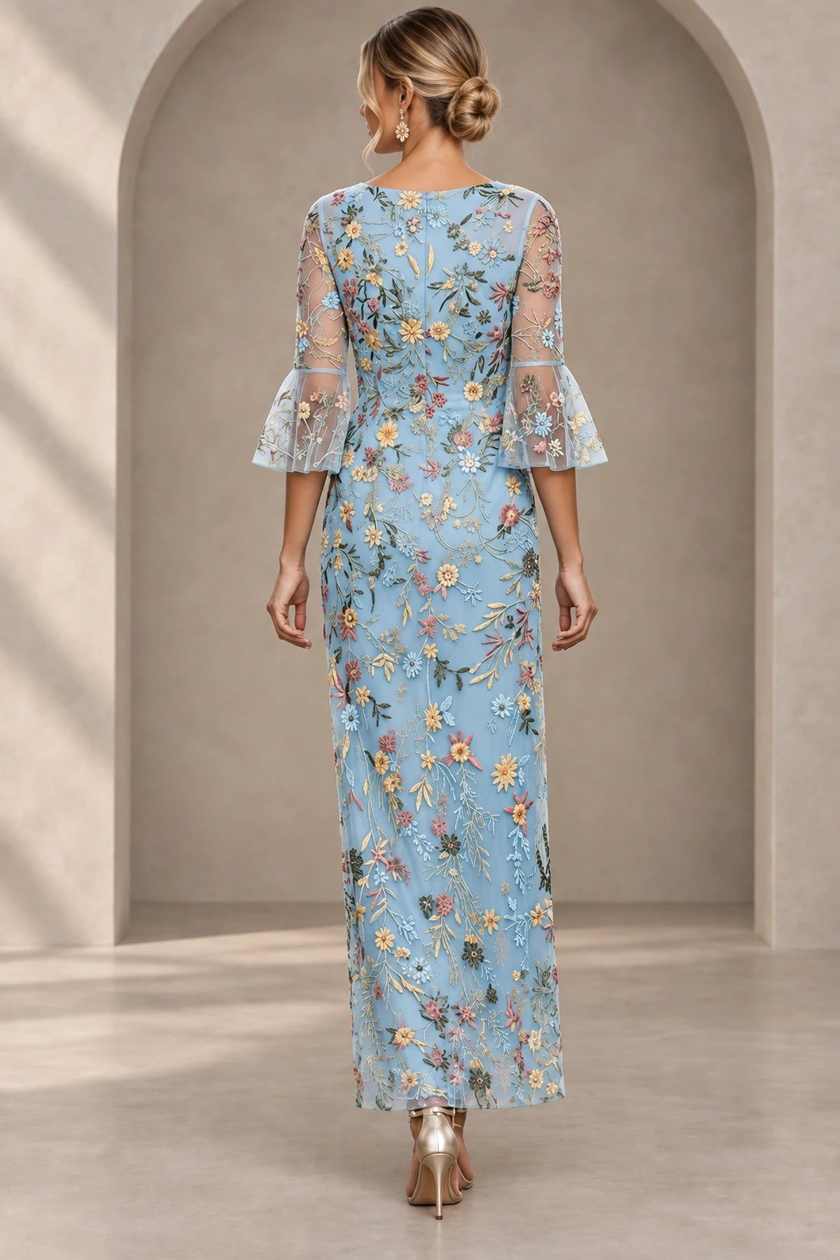 Back view of light blue embroidered Mother of the Bride Dress with sheer floral bell sleeves
