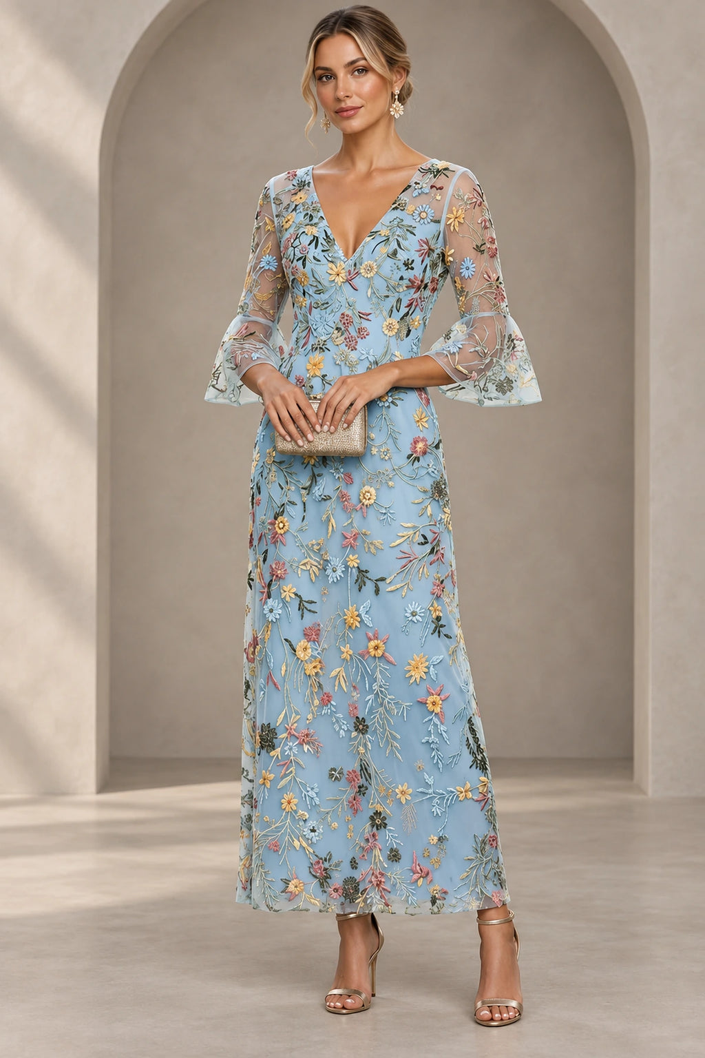 Graceful Sheath V-Neck Bell Sleeves Closed Back Floor-Length Mother of the Bride Dress