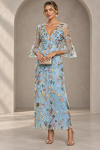 Graceful Sheath V-Neck Bell Sleeves Closed Back Floor-Length Mother of the Bride Dress
