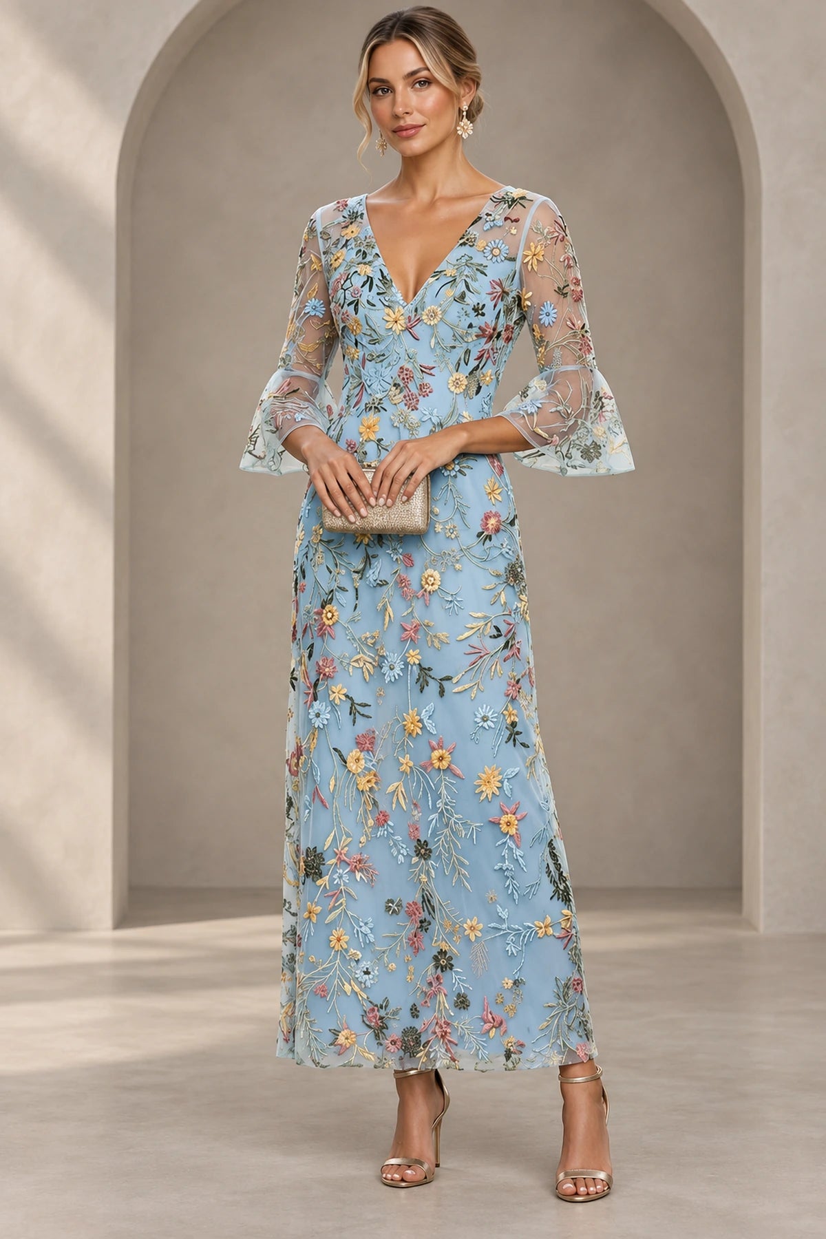 Graceful Sheath V-Neck Bell Sleeves Closed Back Floor-Length Mother of the Bride Dress