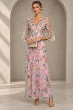 Graceful Sheath V-Neck Bell Sleeves Closed Back Floor-Length Mother of the Bride Dress