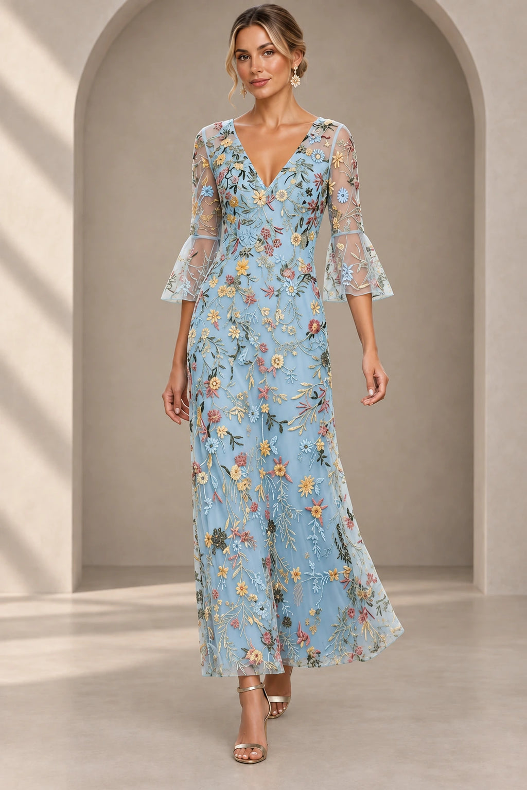 Light blue Mother of the Bride Dress with V-neck, floral embroidery and sheer bell sleeves