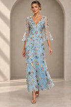 Light blue Mother of the Bride Dress with V-neck, floral embroidery and sheer bell sleeves