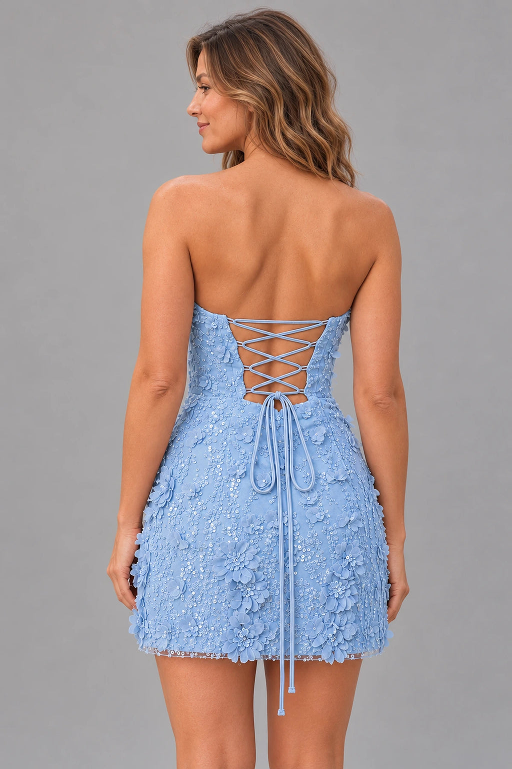 Light blue 3D floral mini homecoming dress with adjustable lace-up corset back by Graceprom