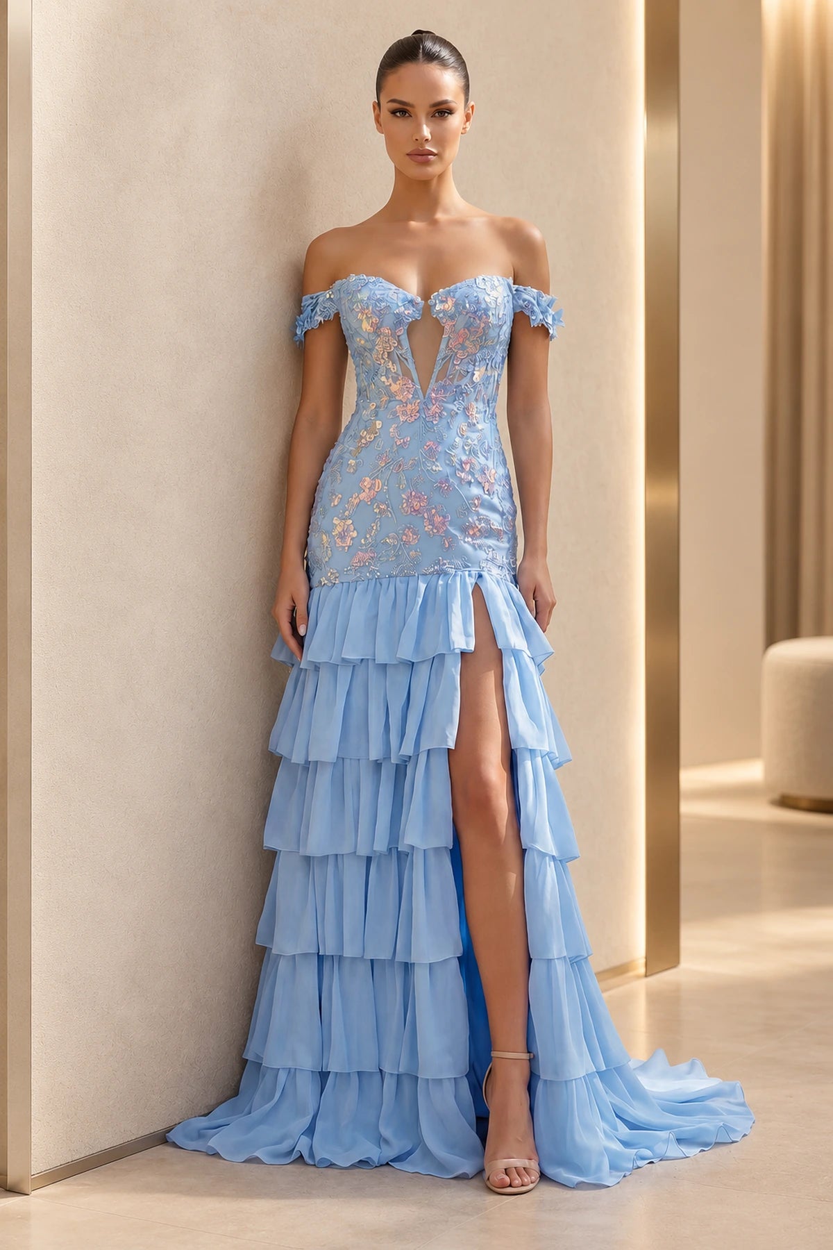 Light blue mermaid prom dress with plunging sweetheart neckline, off-the-shoulder floral sleeves, embroidered corset, high slit and tiered ruffle skirt.