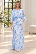 Light blue floral Mother of the Bride Dress with cowl neckline, cape sleeves and ruched waist