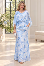 Light blue floral Mother of the Bride Dress with cowl neckline, cape sleeves and ruched waist