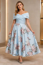 Light blue floral off-shoulder A-line tea-length wedding guest dress by GraceProm