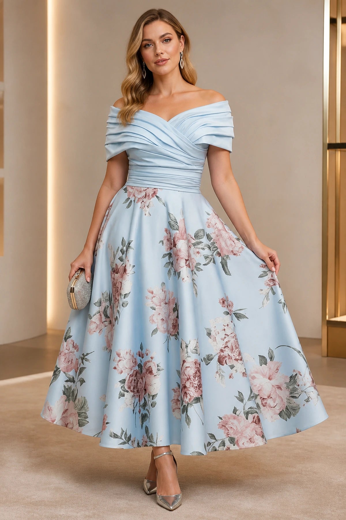 Light blue floral off-shoulder A-line tea-length wedding guest dress by GraceProm