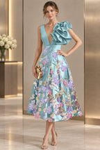Light blue floral Mother of the Bride Dress with deep V-neck, oversized shoulder ruffle and A-line midi skirt