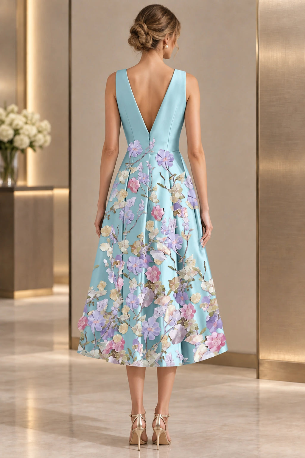 Back view of light blue floral Mother of the Bride Dress with deep V-back and colorful floral midi skirt