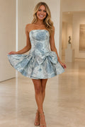 Light blue floral strapless A-line short homecoming dress with oversized bow detail by Vedress