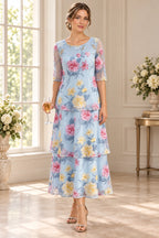 Graceful A-Line Round Neck Sheer Sleeves Closed Back Tiered Mother of the Bride Dress