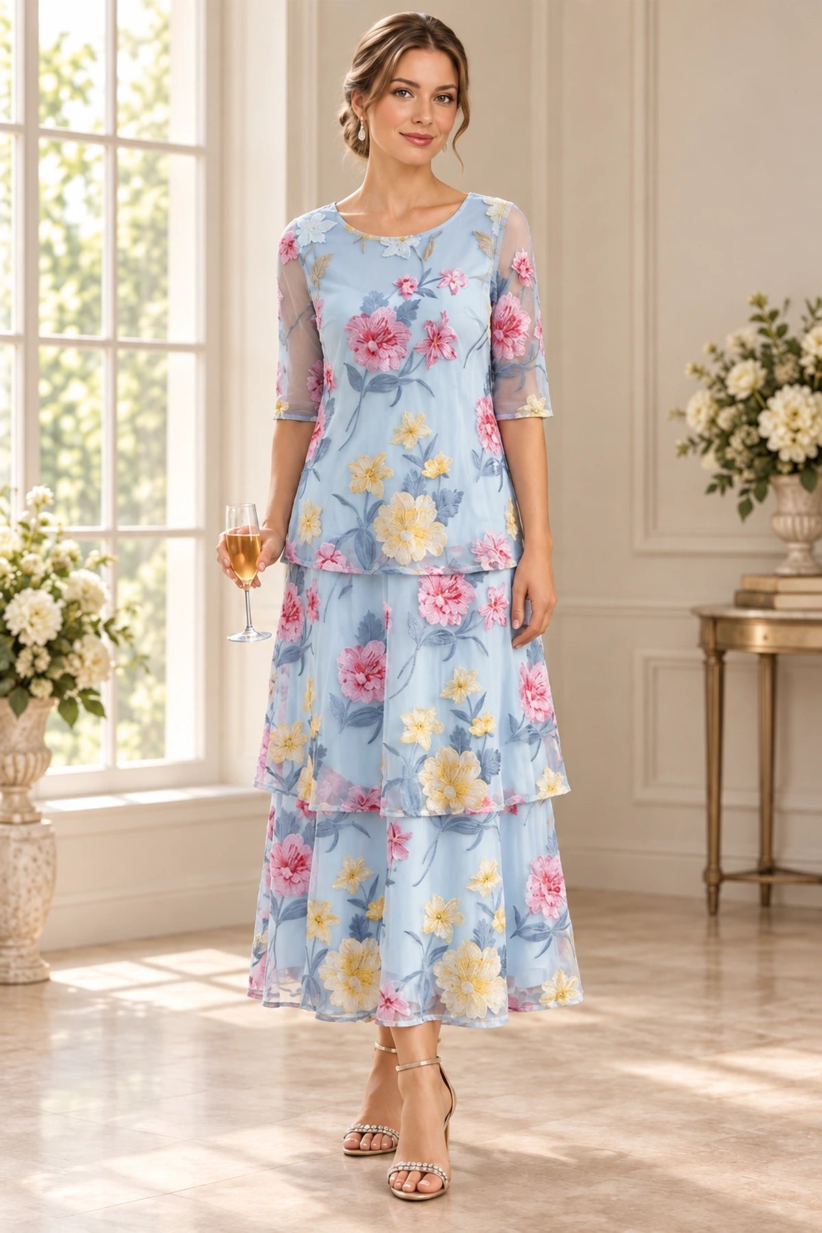 Graceful A-Line Round Neck Sheer Sleeves Closed Back Tiered Mother of the Bride Dress