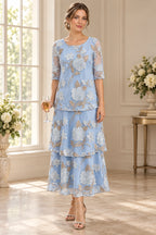 Light blue Mother of the Bride Dress with floral embroidery, sheer three-quarter sleeves and tiered skirt