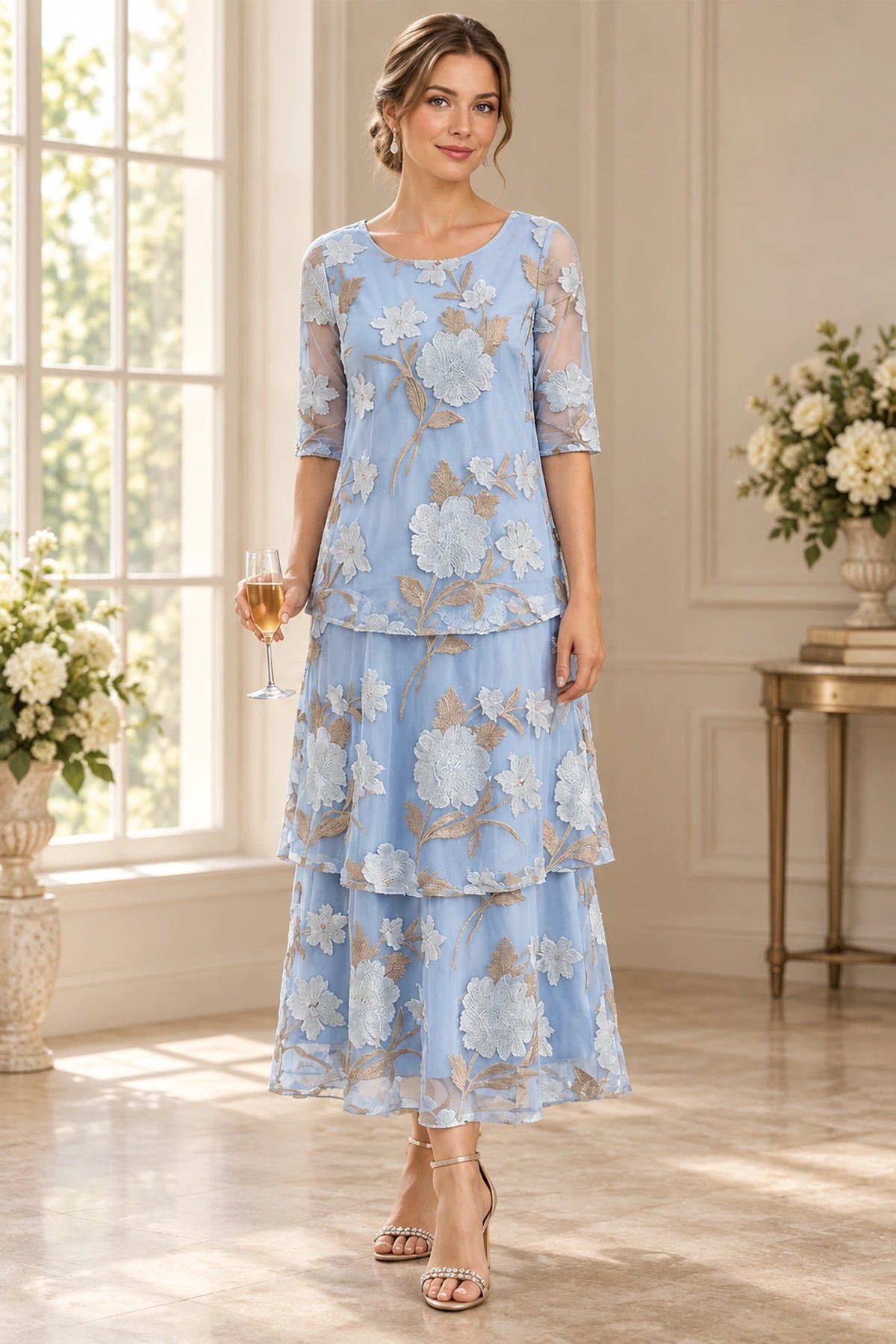 Light blue Mother of the Bride Dress with floral embroidery, sheer three-quarter sleeves and tiered skirt