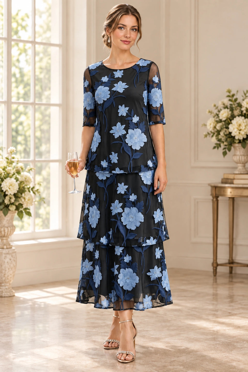 Graceful A-Line Round Neck Sheer Sleeves Closed Back Tiered Mother of the Bride Dress