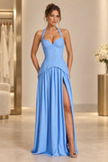 Light blue sweetheart halter A line prom dress with lace bodice and front slit