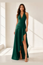 Romantic A-Line V-Neck Halter Sleeveless Lace-Up Back Long Bridesmaid Dress
