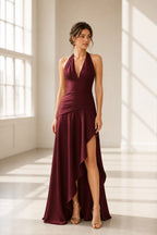 Romantic A-Line V-Neck Halter Sleeveless Lace-Up Back Long Bridesmaid Dress