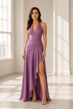 Romantic A-Line V-Neck Halter Sleeveless Lace-Up Back Long Bridesmaid Dress