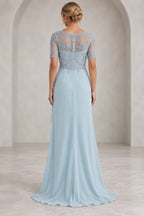 Back view of light blue Mother of the Bride Dress with sheer lace back, center zipper and flowing sweep train