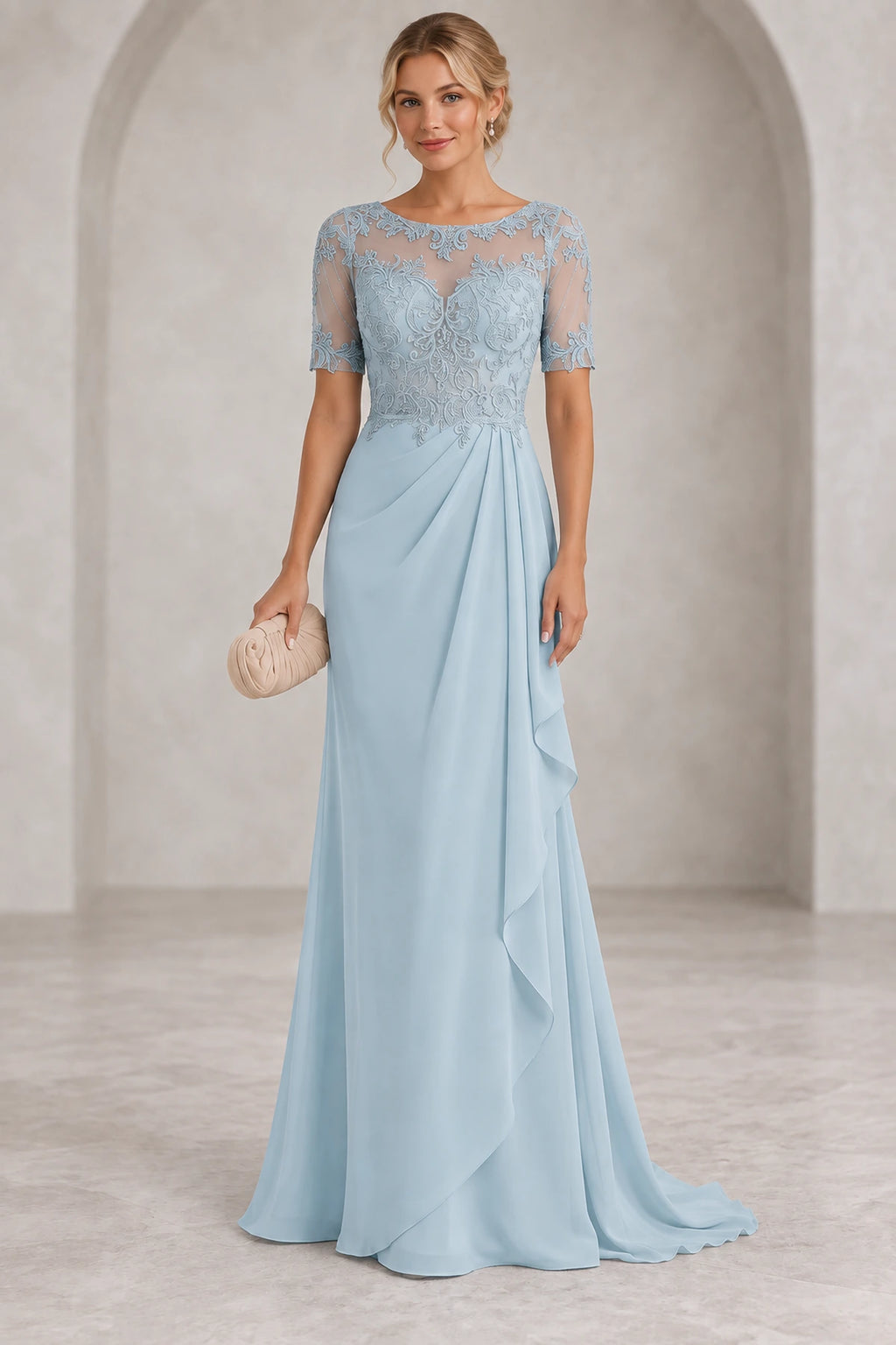 Light blue Mother of the Bride Dress with illusion scoop neckline, short lace sleeves, fitted bodice and cascading floor-length skirt