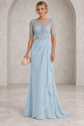 Light blue Mother of the Bride Dress with illusion scoop neckline, short lace sleeves, fitted bodice and cascading floor-length skirt