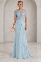 Light blue Mother of the Bride Dress with illusion scoop neckline, short lace sleeves, fitted bodice and cascading floor-length skirt