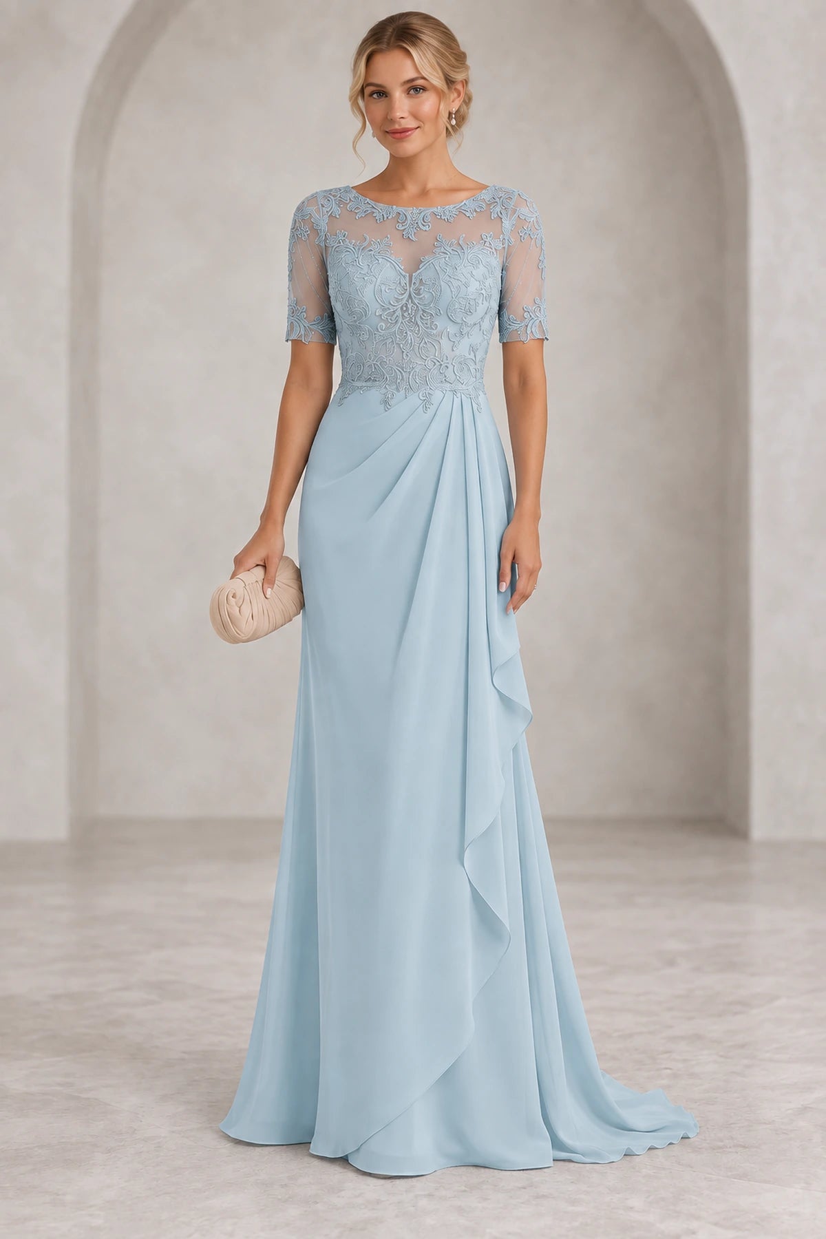 Light blue Mother of the Bride Dress with illusion scoop neckline, short lace sleeves, fitted bodice and cascading floor-length skirt