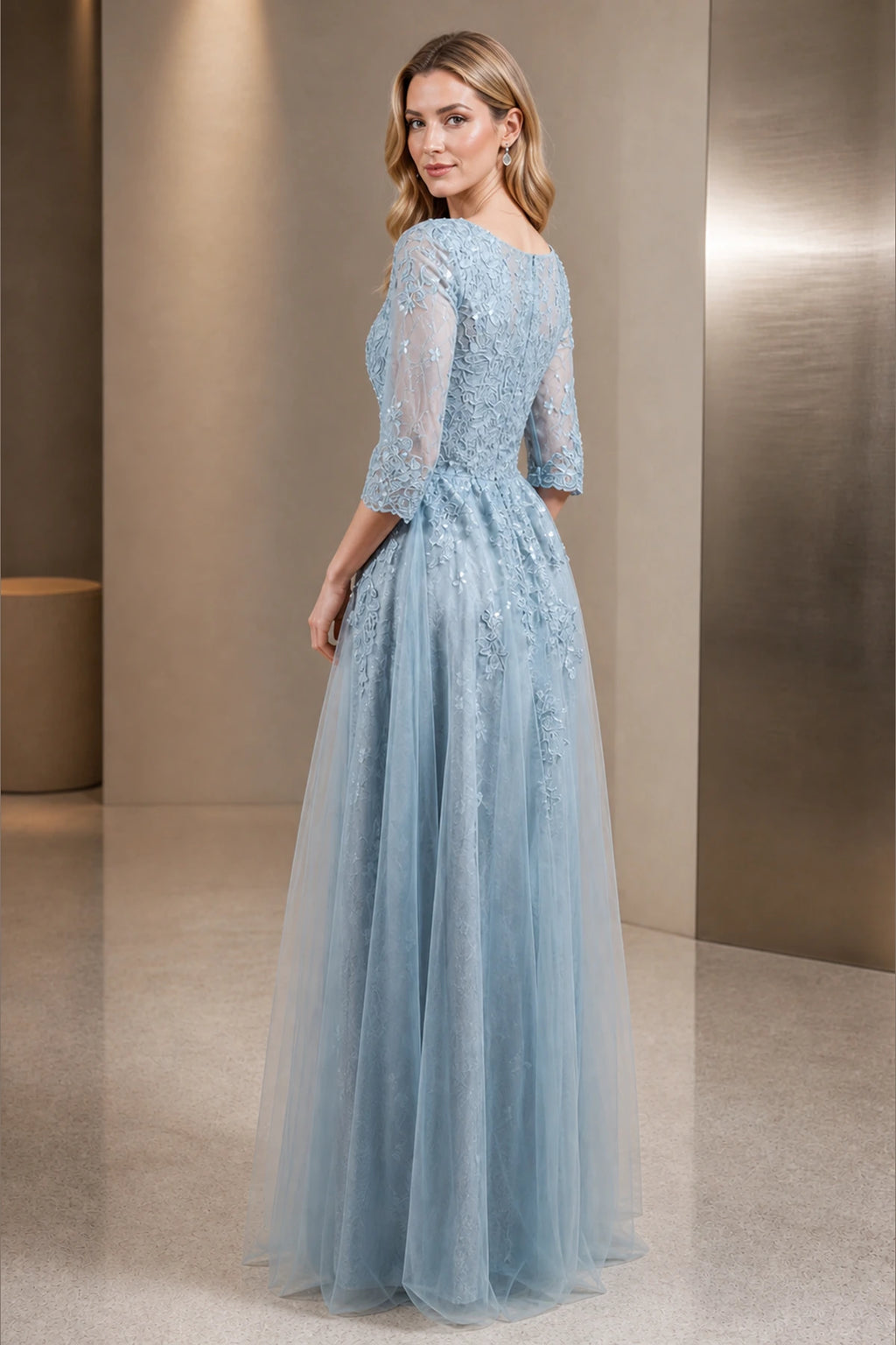 Vedress light blue mother of the bride dress with sheer lace sleeves modest back applique details and floor-length A-line skirt back view