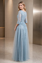 Vedress light blue mother of the bride dress with sheer lace sleeves modest back applique details and floor-length A-line skirt back view