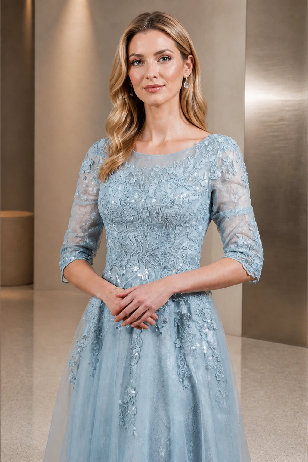 Refined A-Line Bateau Sheer Sleeve Modest Back Floor-Length Mother of Bride Dress