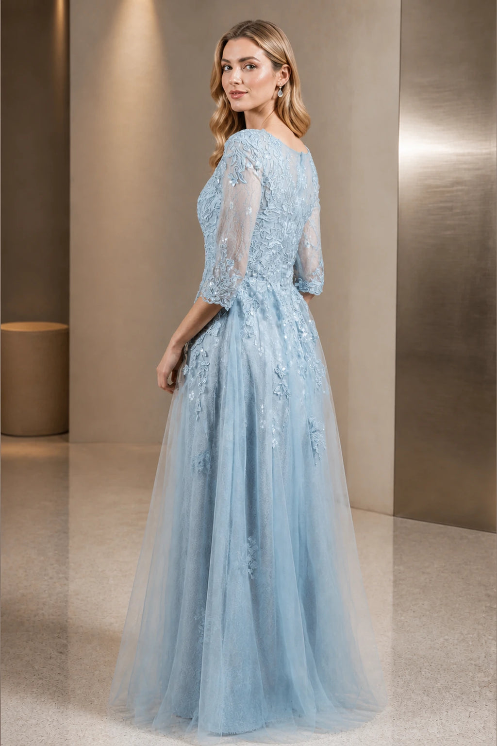 Refined A-Line Bateau Sheer Sleeve Modest Back Floor-Length Mother of Bride Dress