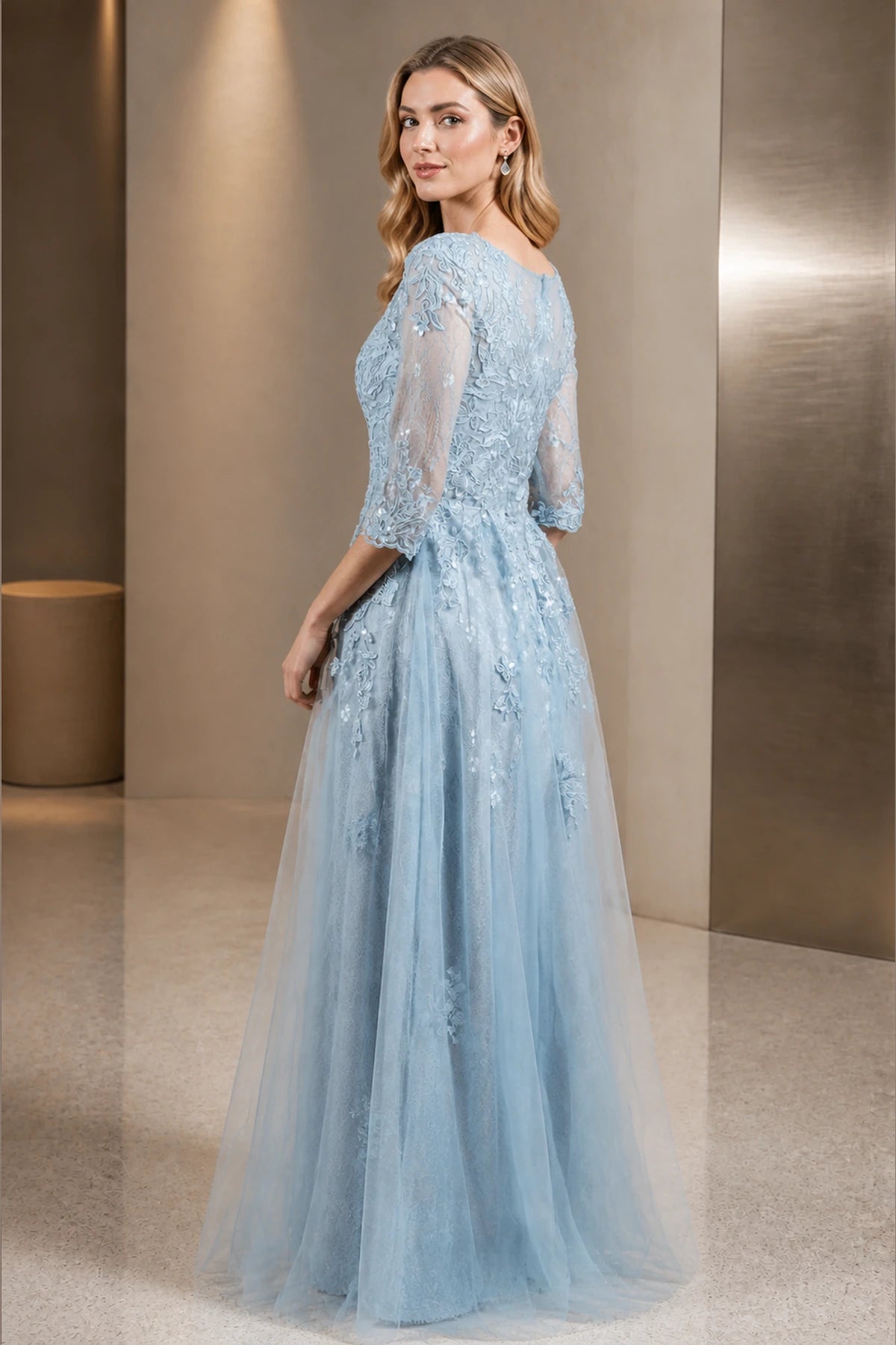 Refined A-Line Bateau Sheer Sleeve Modest Back Floor-Length Mother of Bride Dress