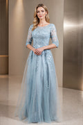 Vedress light blue mother of the bride dress with bateau neckline sheer lace sleeves applique bodice and floor-length A-line skirt front view