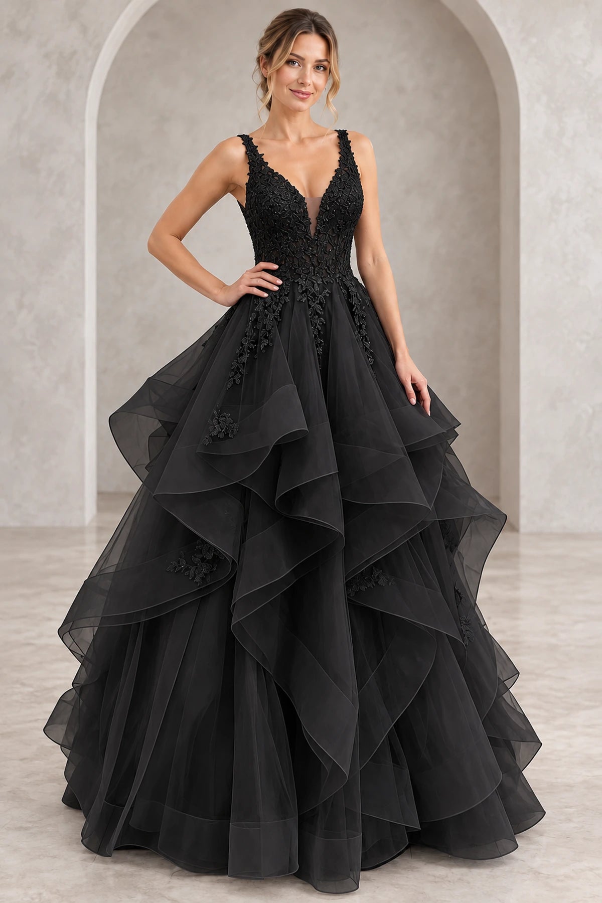 Romantic Tulle A-Line V-Neck Sleeveless Layered Floor-Length Prom Dress