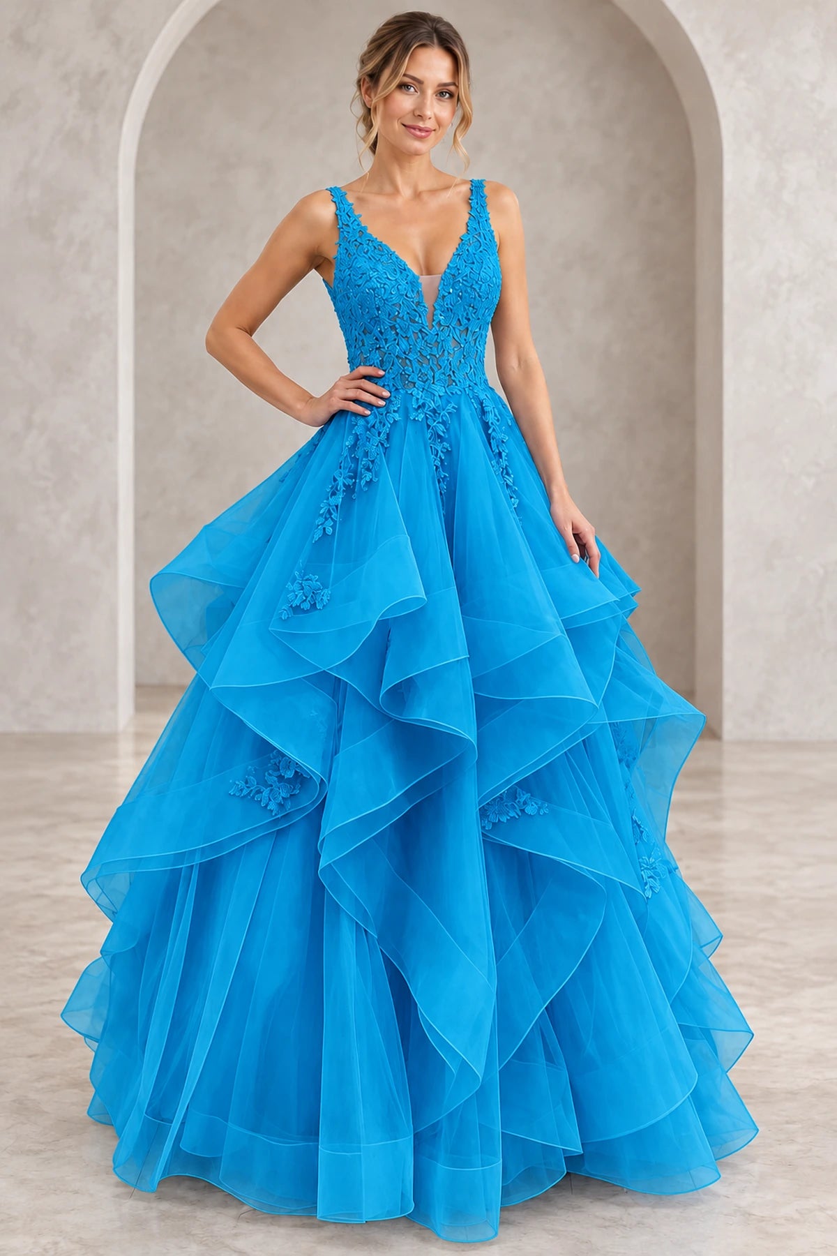 Romantic Tulle A-Line V-Neck Sleeveless Layered Floor-Length Prom Dress